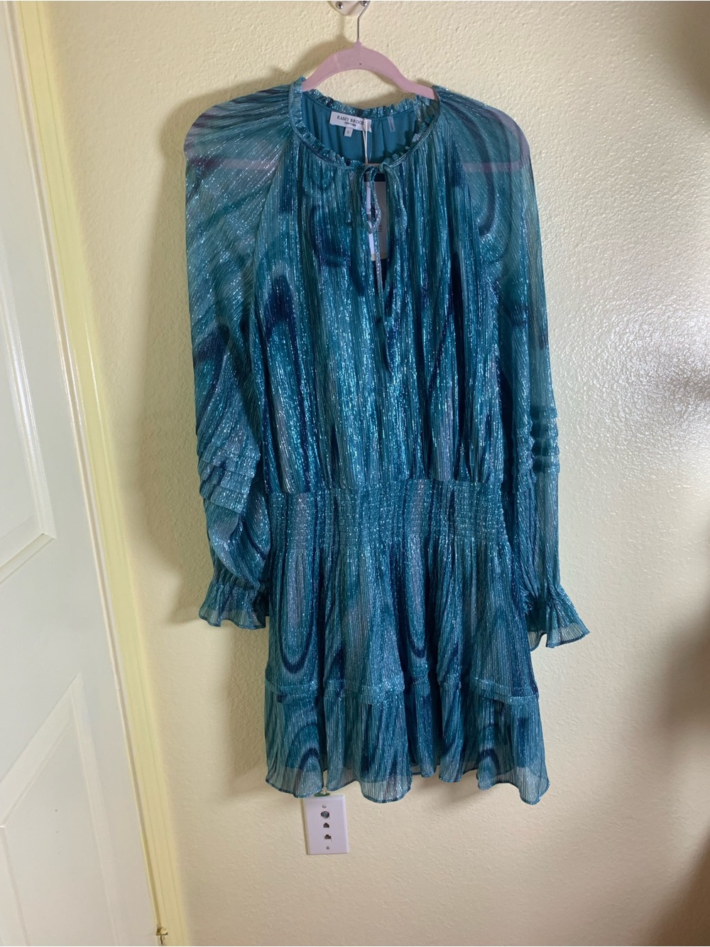 NWOT Ramy Brook Teal Shimmery Long-Sleeve Tiered Dress